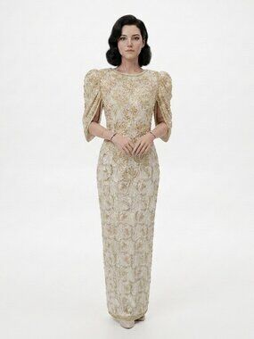 VINTAGE 80s Judith Ann Creations Ivory Gold Beaded Sequin Gown Dress Small